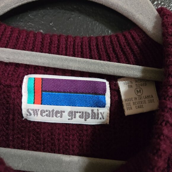 Vintage Sweater Graphix Burgundy Maroon Ribbed Knit Sweater M Acrylic Crew Neck - Picture 4 of 6
